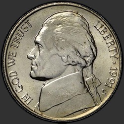 аверс 5¢ (nickel) 1991 "USA - 5 centů / 1991 - D"